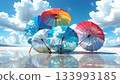 美麗的地平線和蔚藍的天空，五彩繽紛的雨傘倒映著這美麗的景色。 133993185