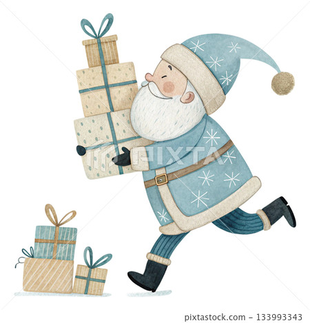 Cute running Santa Claus carrying colorful gift boxes 133993343