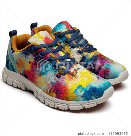 Colorful athletic shoes with blue laces and white sole for active 133993485