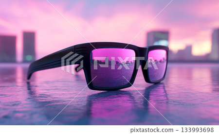Stylish sunglasses reflecting a vibrant sunset cityscape. 133993698
