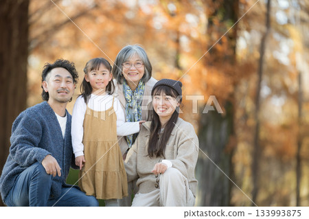 Autumn family photo, smiling three-generation family portrait in a forest of autumn leaves, commemorative photo of parents, children and grandmother, looking at the camera, memories Autumn family photo, smiling three-generation family portrait in a forest of autumn leaves, commemorative photo of parents, children and grandmother, looking at the camera, memories 133993875
