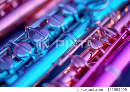Close-up of shiny flutes illuminated with colorful lights. Close-up of shiny flutes illuminated with colorful lights. 133993999