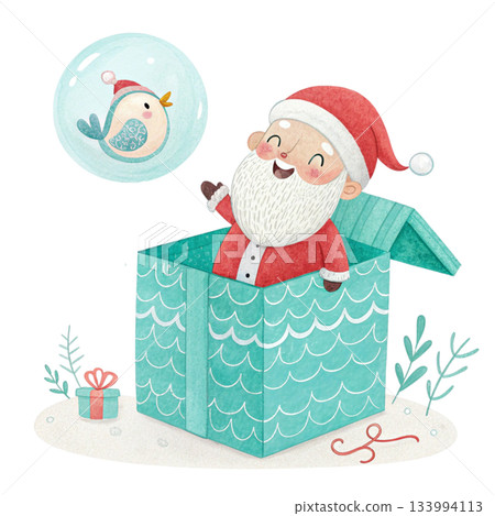 Santa emerging from a fresh floral gift box watercolor texture. On Santa shoulder perches 133994113