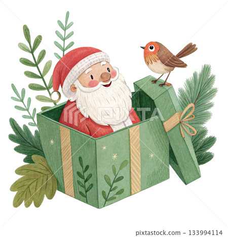 Santa emerging from a fresh floral gift box watercolor texture. On Santa shoulder perches 133994114