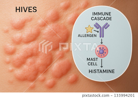 Medical diagram shows irritating allergy reaction on skin known as hive or urticaria. This educational health visualization details immune system process from an allergen Medical diagram shows irritating allergy reaction on skin known as hive or urticaria. This educational health visualization details immune system process from an allergen 133994201