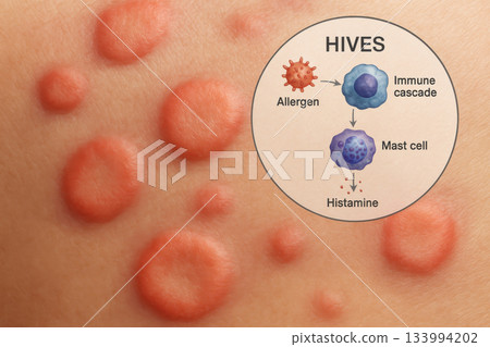 Medical diagram of hive rash on skin, an allergic reaction causing discomfort. This educational illustration shows an allergen and histamine release, common allergy symptom Medical diagram of hive rash on skin, an allergic reaction causing discomfort. This educational illustration shows an allergen and histamine release, common allergy symptom 133994202