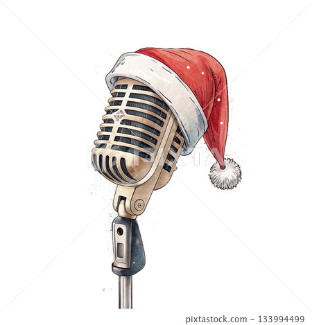 Watercolor illustration of a vintage microphone wearing a Santa hat 133994499