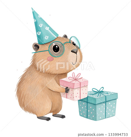 Capybara wearing sunglasses Cute Kawaii wearing a party hat standing holding a gift box Capybara wearing sunglasses Cute Kawaii wearing a party hat standing holding a gift box 133994733