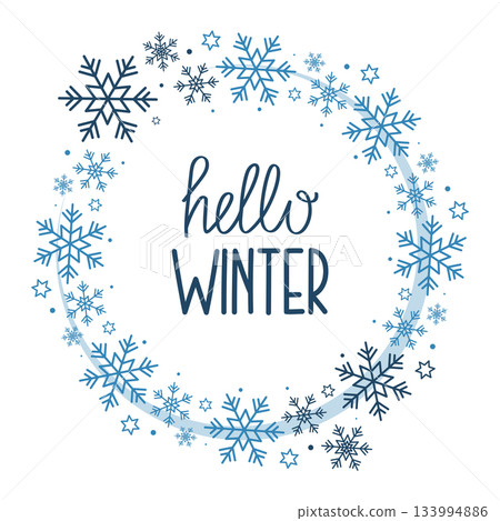 Hello Winter lettering. Vector illustration of snowflake wreath isolated on white background. Design for greeting card, sale, banner, decor. 133994886