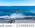 Danger warning sign at the beach where waves are crashing 133994939