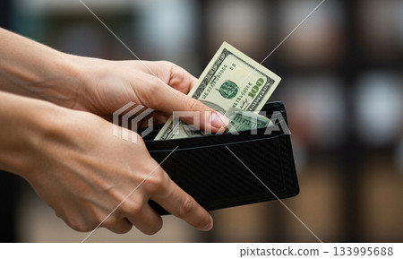 Hand Pulling Hundred Dollar Bill from Black Wallet 133995688
