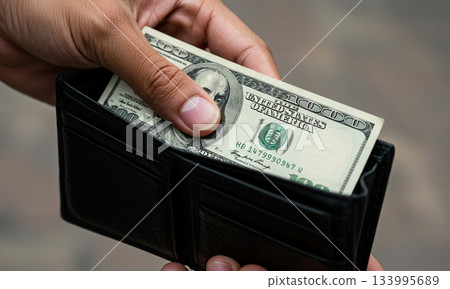 Closeup of Hand Pulling 100 Dollar Bill from Leather Wallet 133995689