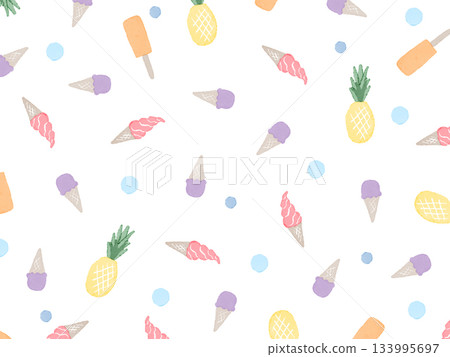 Hand drawn summer illustration pattern on white background.Watercolor ice cream, soft serve ice cream and pineapple Hand drawn summer illustration pattern on white background.Watercolor ice cream, soft serve ice cream and pineapple 133995697