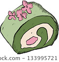 Delicious Matcha Swiss Roll Cake with Pink Flowers Japanese Dessert Illustration 133995721