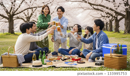 在公園裡和朋友一起賞櫻花 133995753