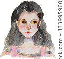 Expressive watercolor portrait of a young person with dark hair freckles pink 133995960