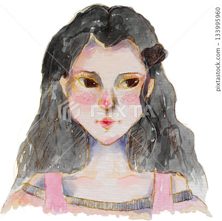 Expressive watercolor portrait of a young person with dark hair freckles pink 133995960
