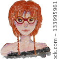 Watercolor portrait of a young woman with red hair braids and red glasses 133995961