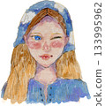 Whimsical watercolor illustration blonde girl winks wears blue headscarf and top 133995962
