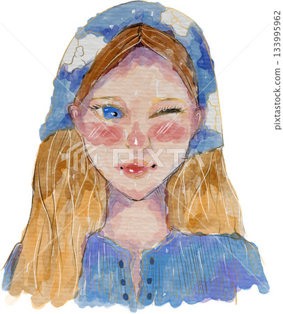 Whimsical watercolor illustration blonde girl winks wears blue headscarf and top Whimsical watercolor illustration blonde girl winks wears blue headscarf and top 133995962