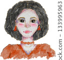 Artistic watercolor portrait of a woman with curly hair red blush and outfit 133995963