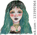 Detailed watercolor illustration of a young woman with flowing teal hair  133995964