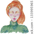 Hand painted female illustration with red hair wearing a green turtleneck 133995965