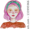 Watercolor portrait of a young woman pink hair rosy cheeks brown eyes green band 133995966