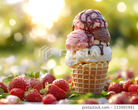 Triple Scoop Ice Cream Cone with Chocolate Drizzle and Fresh Strawberries 133995991
