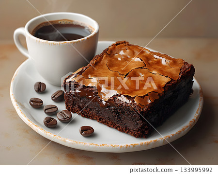 Chocolate Brownie with Coffee and Beans 133995992
