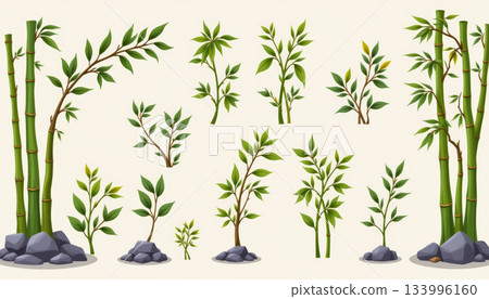 Bamboo plant green leaf Asian forest nature growth botanical set garden foliage tropical stem stone base minimal background serene mood blossoms 133996160