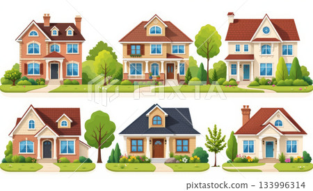 Charming house collection suburban home set cozy cottage row classic architecture front yard tree pathway blue sky daylight peaceful Charming house collection suburban home set cozy cottage row classic architecture front yard tree pathway blue sky daylight peaceful 133996314