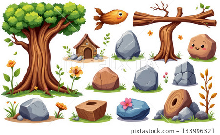 Whimsical tree cartoon rock cute stone wooden hut fantasy forest playful fish floral detail nature scene cheerful mood bright color 133996321