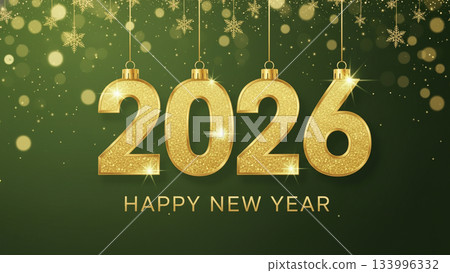 Green New Year greeting design with gold 2026 letters and sparkling star decorations 133996332