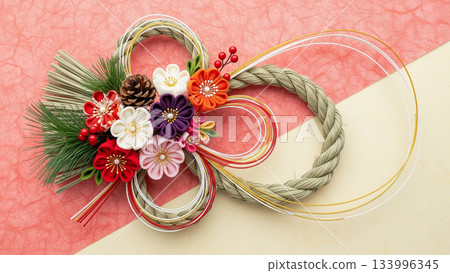 A gorgeous New Year's composition with shimenawa decorations and mizuhiki on a pink background A gorgeous New Year's composition with shimenawa decorations and mizuhiki on a pink background 133996345