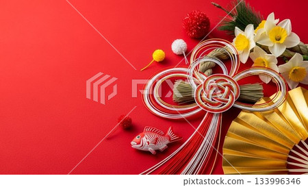 A gorgeous New Year's design featuring gold fans and mizuhiki decorations on a red background A gorgeous New Year's design featuring gold fans and mizuhiki decorations on a red background 133996346