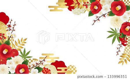 日式邊框設計背景,以梅花和南天竹為特色 日式邊框設計背景,以梅花和南天竹為特色 133996351