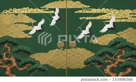 A traditional Japanese folding screen background design featuring pine trees and cranes 133996366