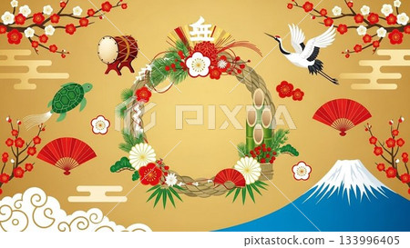 A gorgeous Japanese-style background featuring cranes, Mt. Fuji, and plum blossoms 133996405