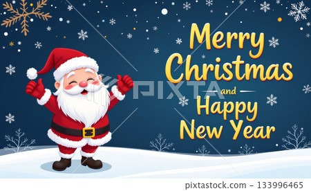 Santa Claus Christmas holiday winter snow festive greeting cheerful cartoon hat Merry Christmas and Happy New Year message snowy night sky with 133996465