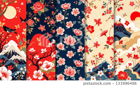 Floral pattern Japanese style cherry blossom seamless design traditional motif sakura flower red background navy background cream background 133996486