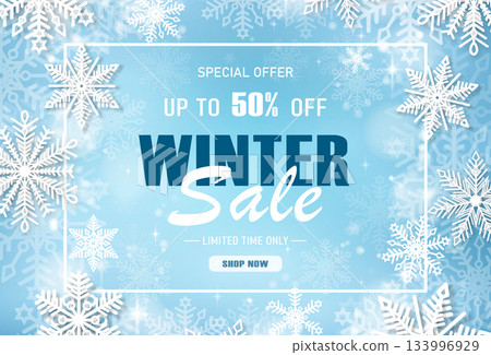 A winter sale banner with discount text and snow elements on a blue background with snowflakes. 133996929