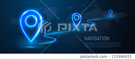 A banner with neon GPS coordinates. Neon map pins on a dark blue background. A banner with neon GPS coordinates. Neon map pins on a dark blue background. 133996931
