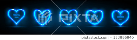 A set of neon heart-shaped frames with a place for text on a black and blue background. A set of neon heart-shaped frames with a place for text on a black and blue background. 133996940