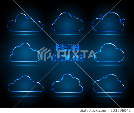 A set of eight neon clouds. Neon digital cloud icons on a black and blue background. A set of eight neon clouds. Neon digital cloud icons on a black and blue background. 133996942