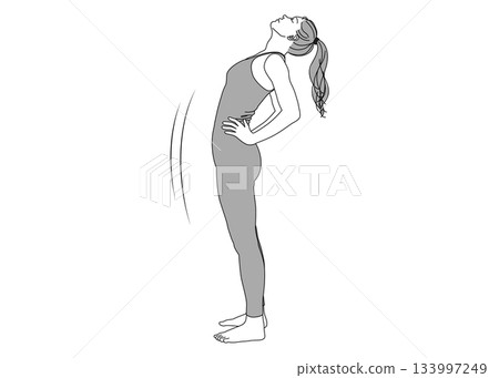 Stretching Illustration of a woman stretching with her hands on her hips and leaning back, whole body sideways Stretching Illustration of a woman stretching with her hands on her hips and leaning back, whole body sideways 133997249