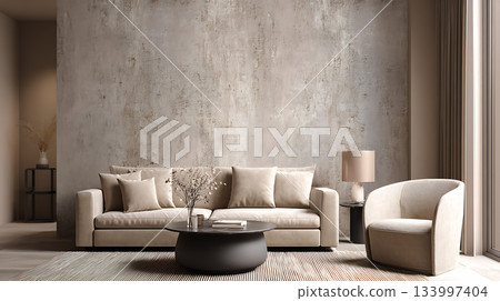 現代客廳沙發和扶手椅，米色內飾，時尚空間 133997404