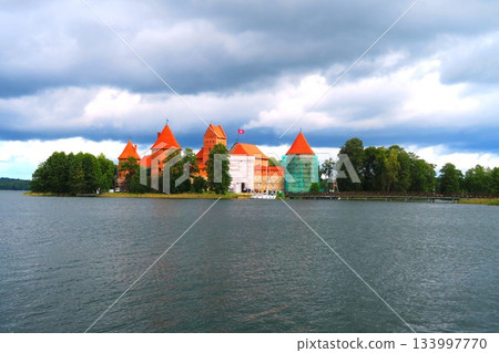 Trakai Castle under restoration on Lake Loukos Trakai Castle under restoration on Lake Loukos 133997770