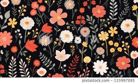 Colorful flowers and leaves on a black background 133997895