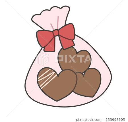 A pink bag with a ribbon containing three heart-shaped chocolates A pink bag with a ribbon containing three heart-shaped chocolates 133998605